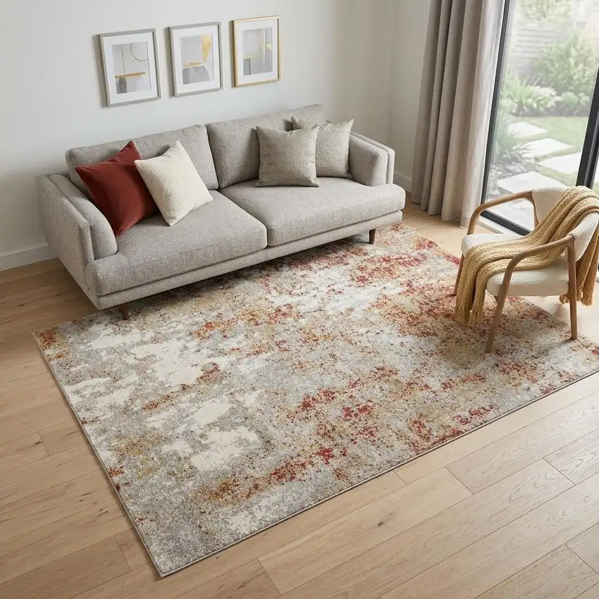 Ivory Red And Gray Abstract Area Rug Photo 1