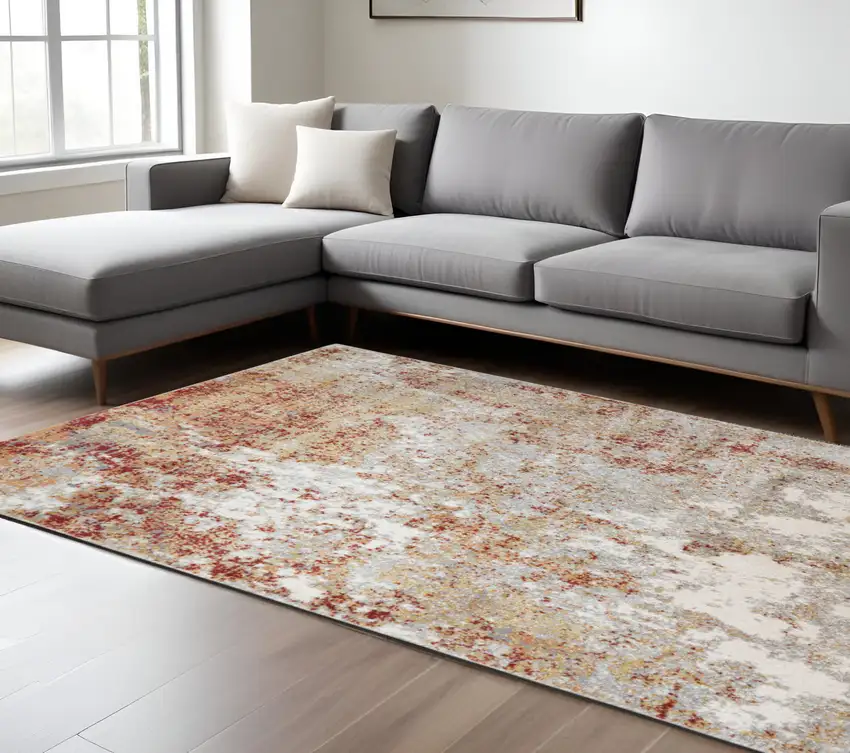 Ivory Red and Cream Abstract Power Loom Area Rug Photo 1