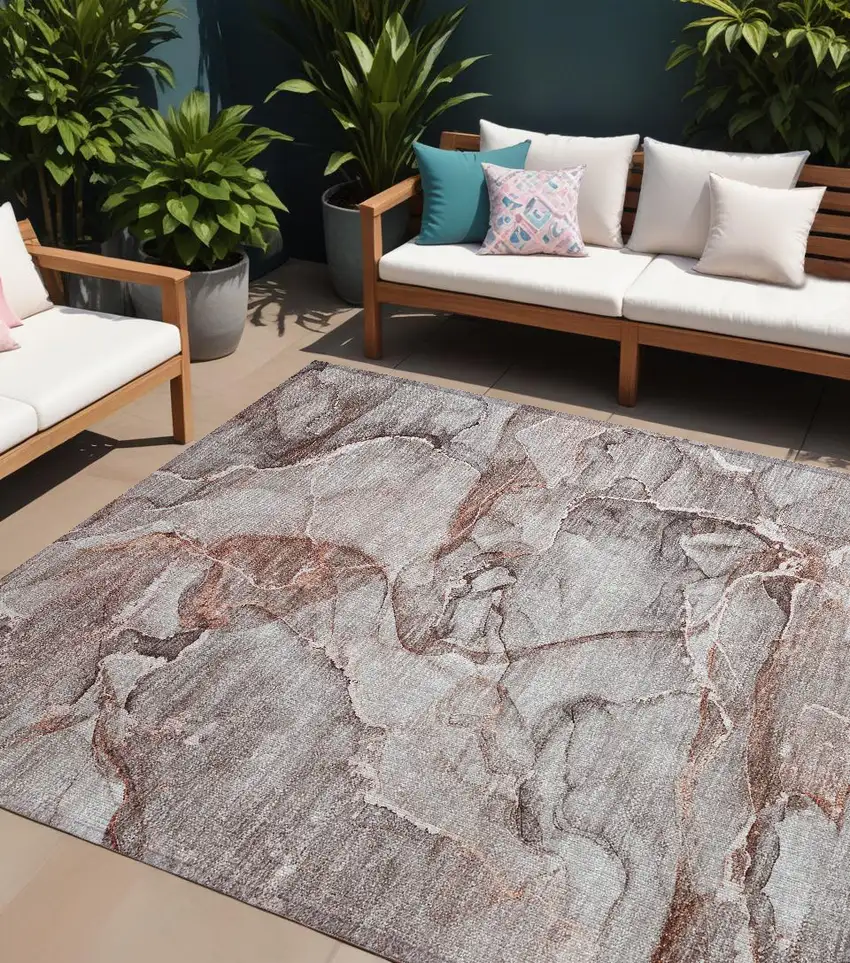 Gray and Red Abstract Washable Non Skid Indoor Outdoor Area Rug Photo 1