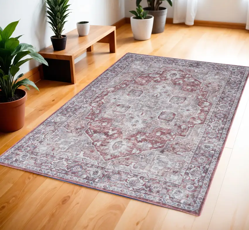 Gray and Red Floral Medallion Power Loom Distressed Area Rug Photo 1