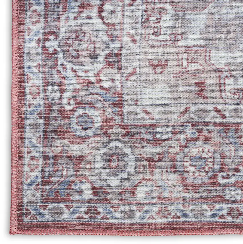 Gray and Red Floral Medallion Power Loom Distressed Area Rug Photo 3
