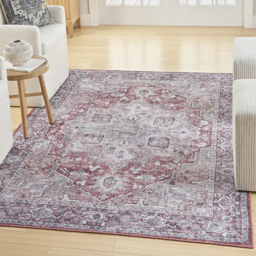 Gray and Red Floral Medallion Power Loom Distressed Area Rug Photo 4