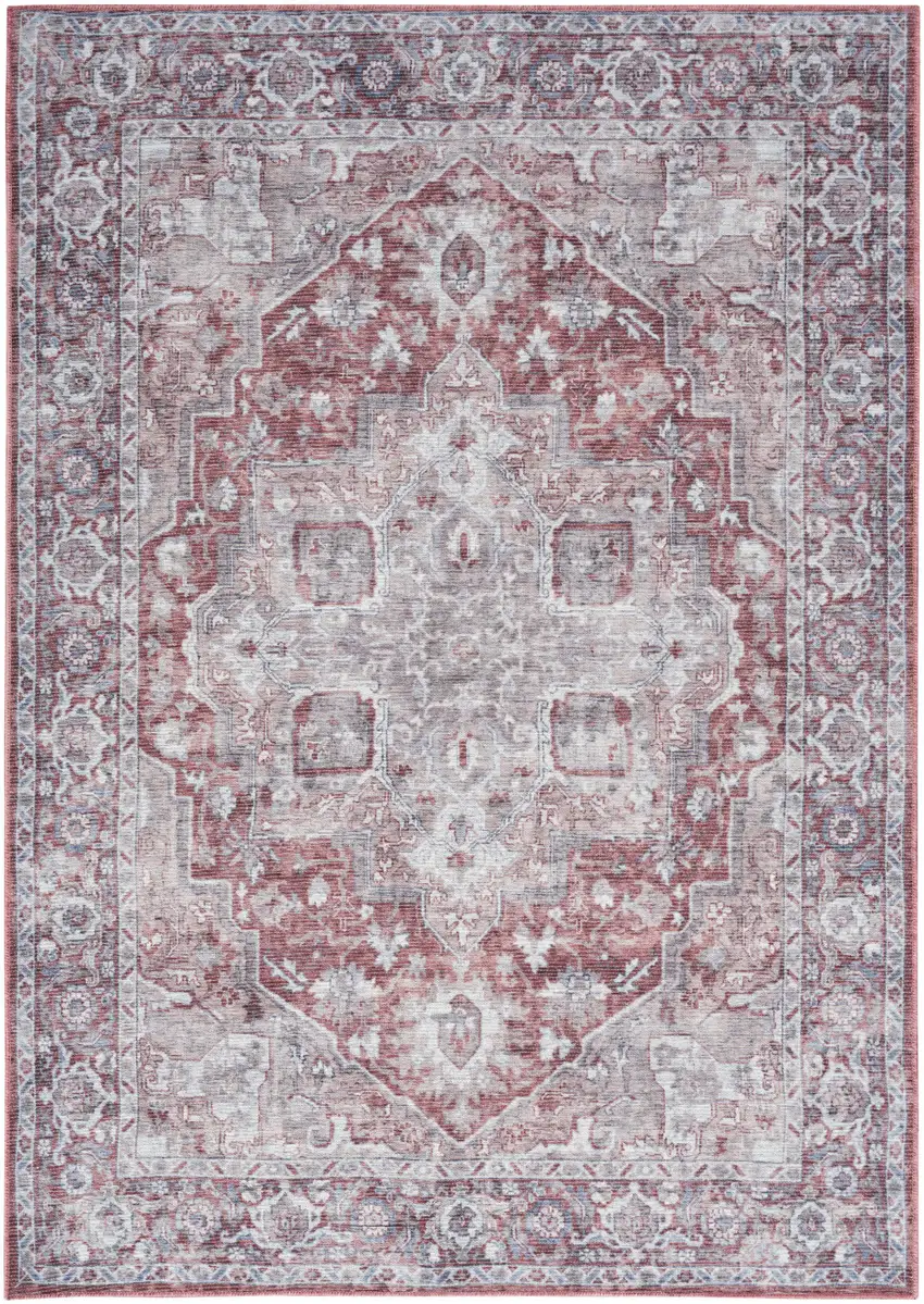 Gray and Red Floral Medallion Power Loom Distressed Area Rug Photo 9