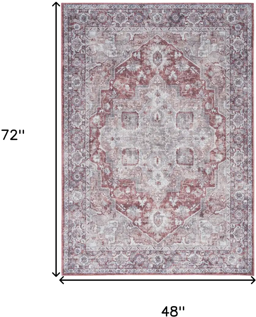 Gray and Red Floral Medallion Power Loom Distressed Area Rug Photo 3