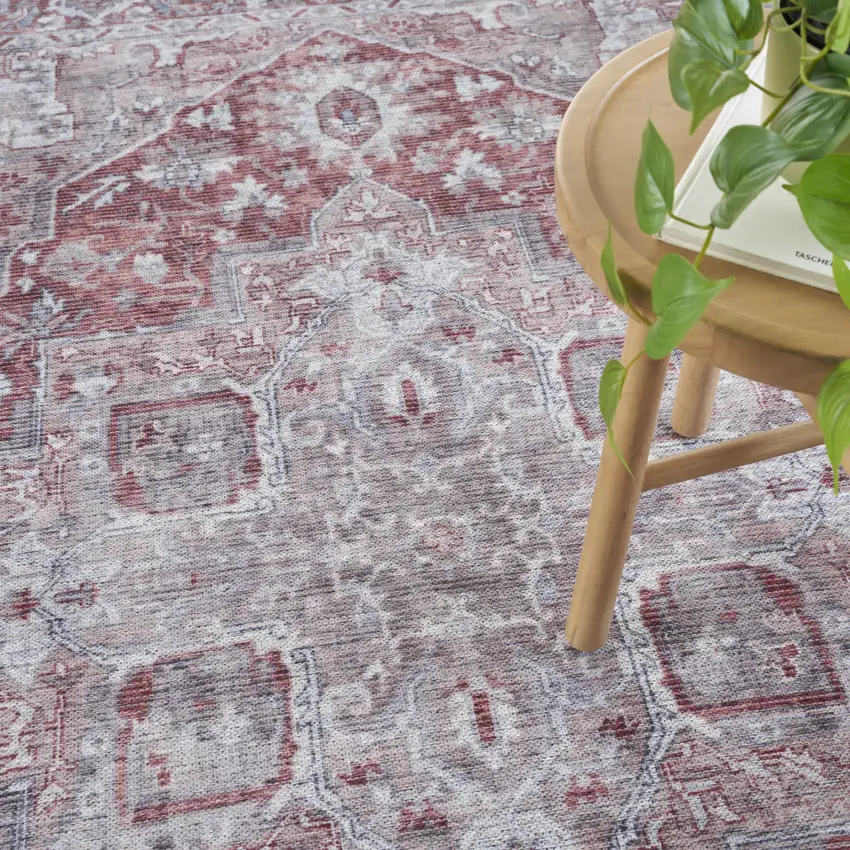 Gray and Red Floral Medallion Power Loom Distressed Area Rug Photo 5