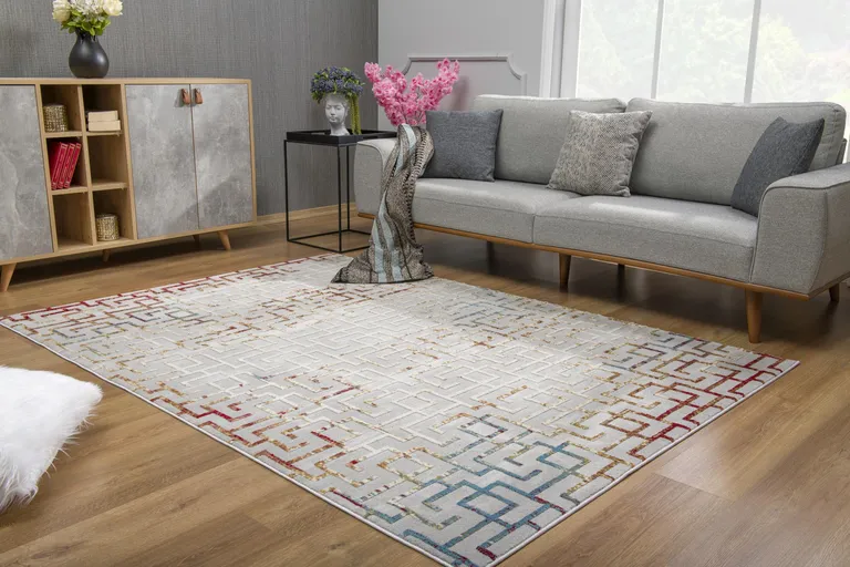 Gray and Red Greek Key Patterns Area Rug Photo 1