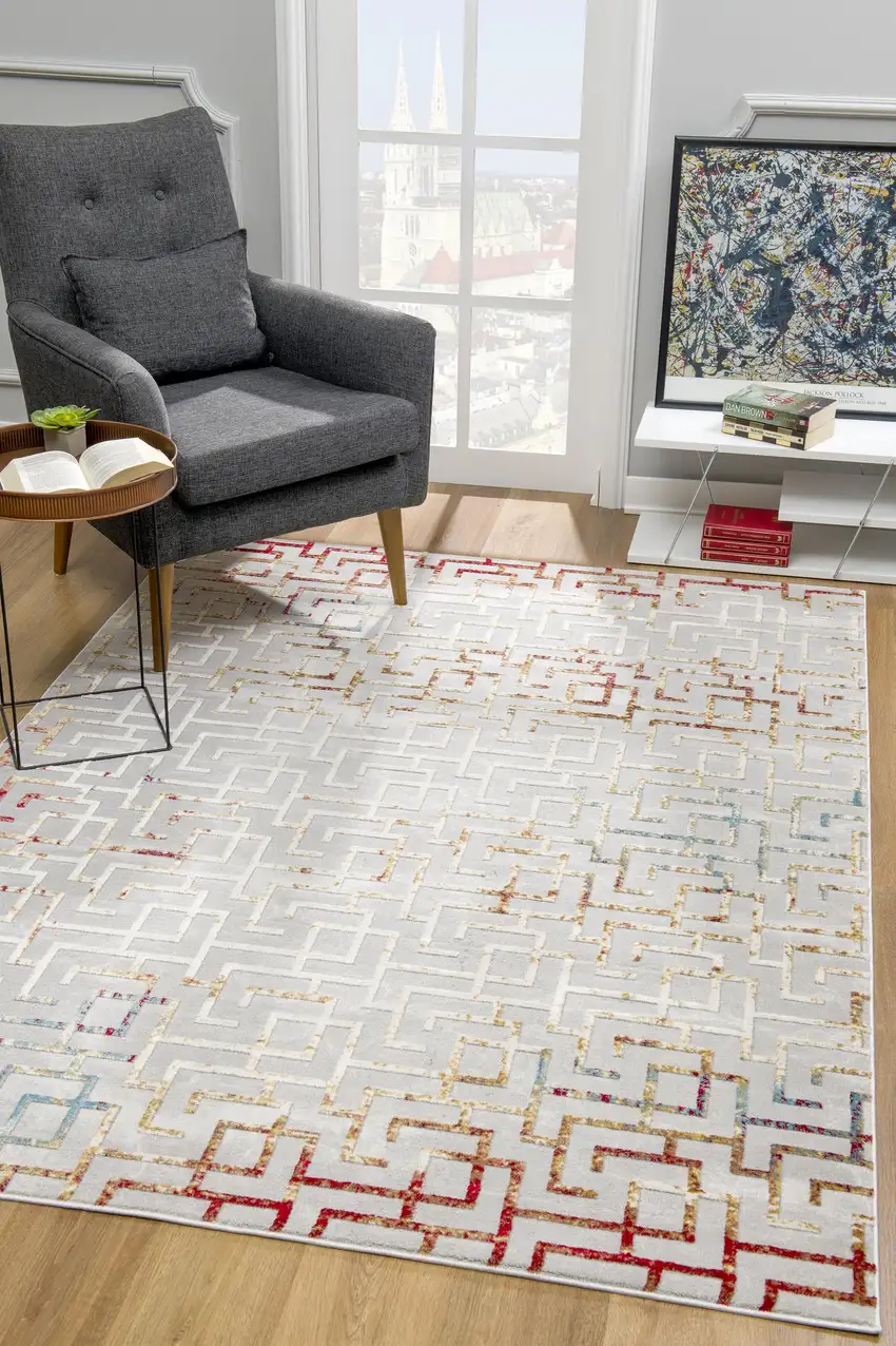 Gray and Red Greek Key Patterns Area Rug Photo 6