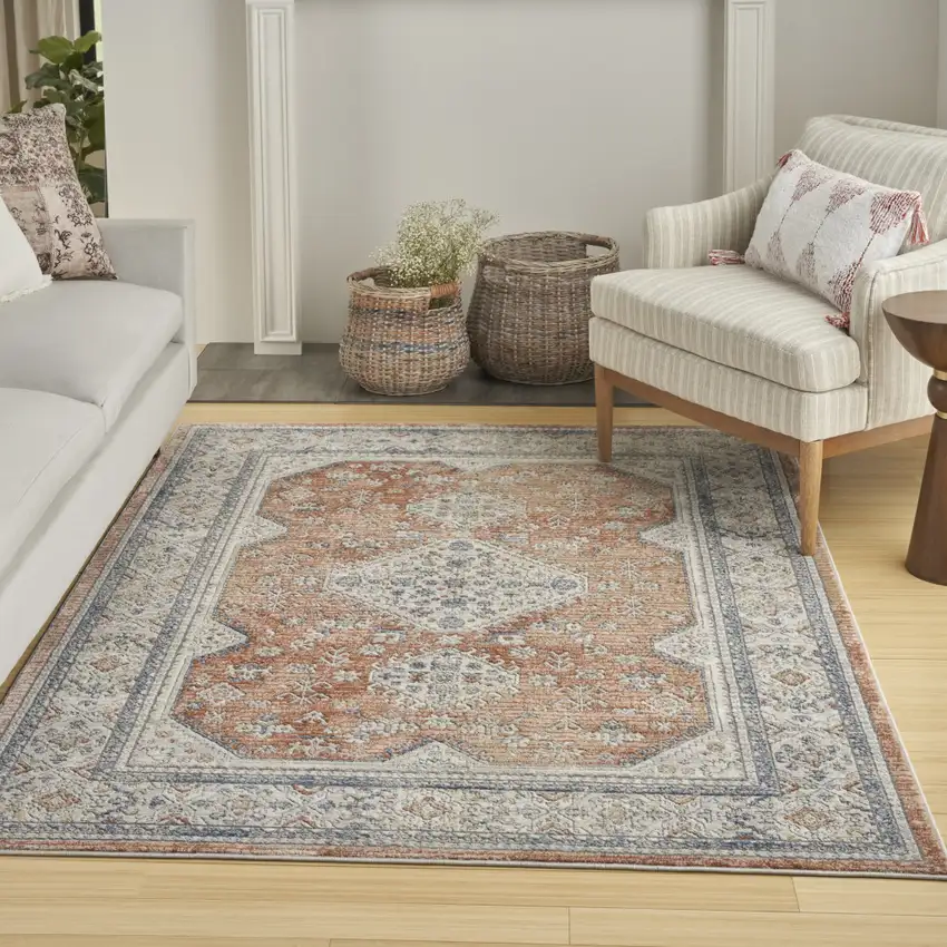 Gray and Red Medallion Power Loom Area Rug Photo 4