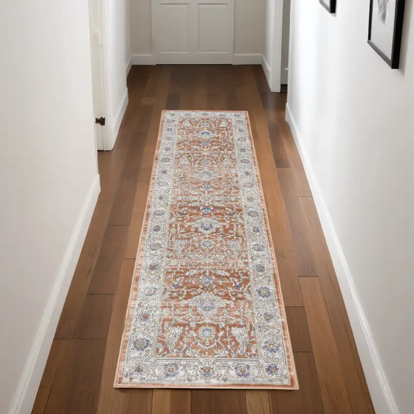Gray and Red Oriental Power Loom Runner Rug Photo 1