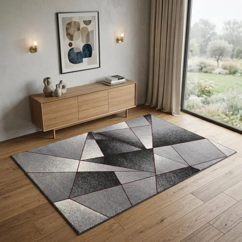 Grey Red Geometric Area Rug Photo 1