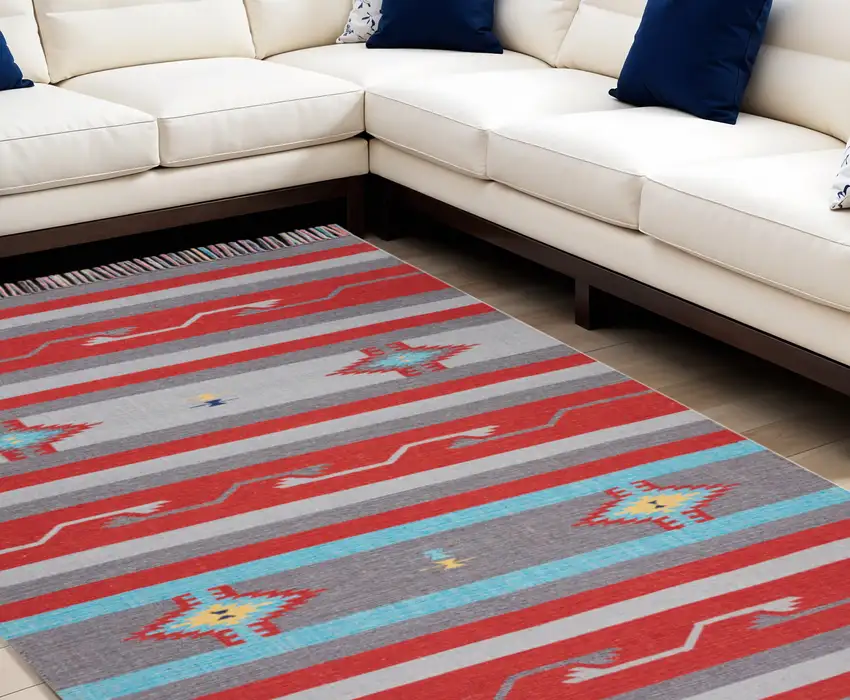 Gray and Red Southwestern Handmade Area Rug With Fringe Photo 1