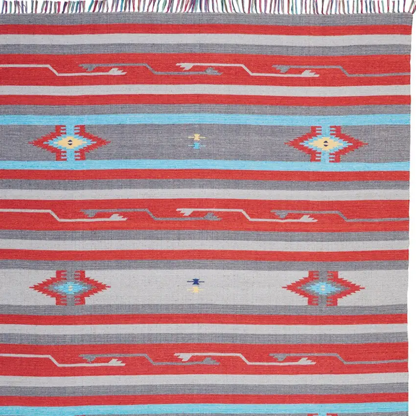 Gray and Red Southwestern Handmade Area Rug With Fringe Photo 9