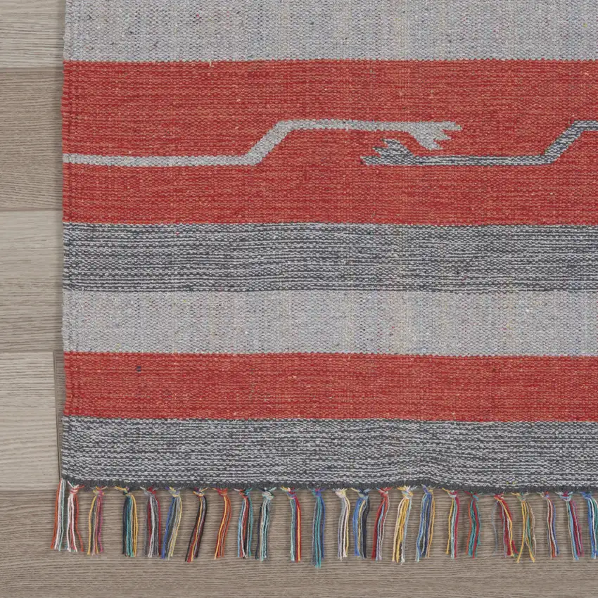 Gray and Red Southwestern Handmade Area Rug With Fringe Photo 4