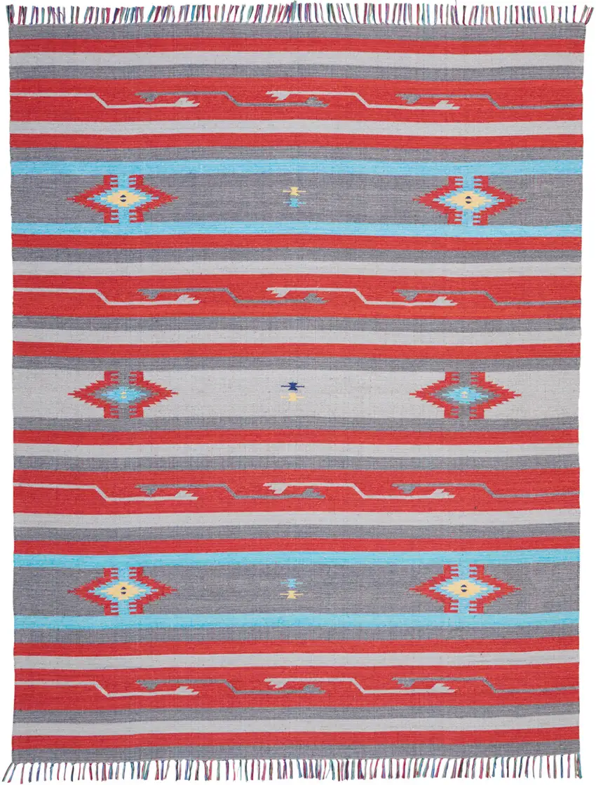 Gray and Red Southwestern Handmade Area Rug With Fringe Photo 1