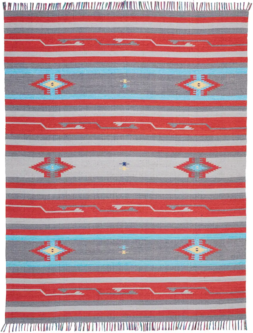 Gray and Red Southwestern Handmade Area Rug With Fringe Photo 2