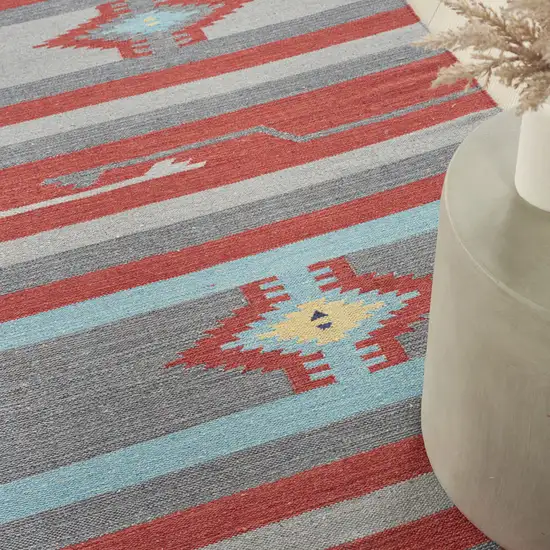 Gray and Red Southwestern Handmade Area Rug With Fringe Photo 9