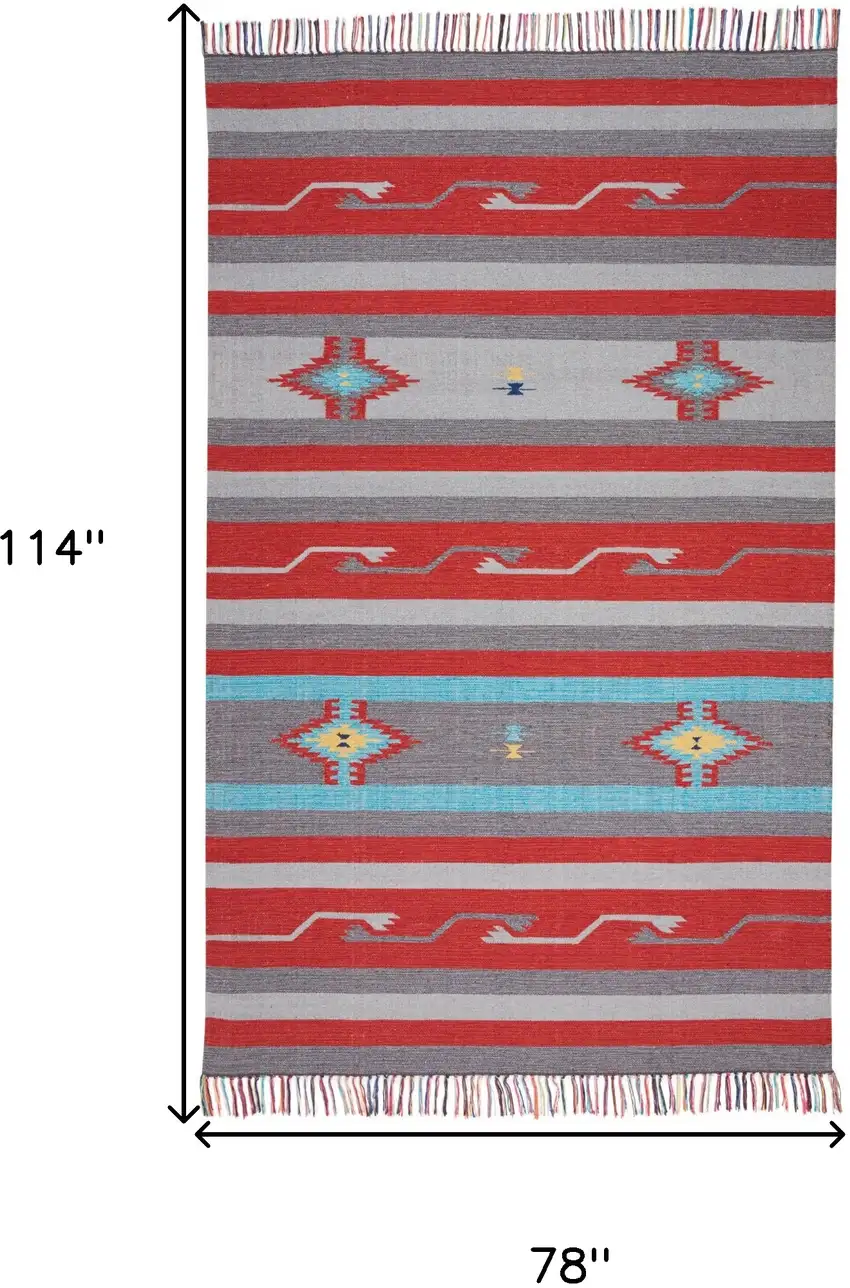 Gray and Red Southwestern Handmade Area Rug With Fringe Photo 3