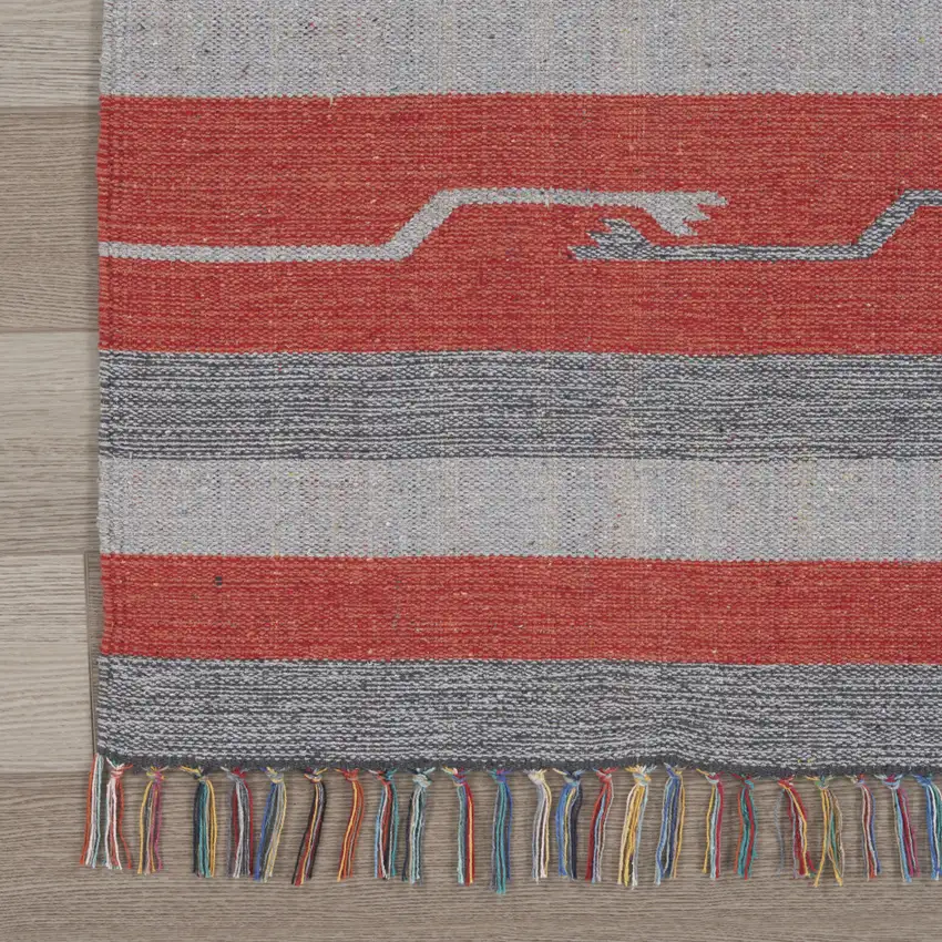 Gray and Red Southwestern Handmade Area Rug With Fringe Photo 9