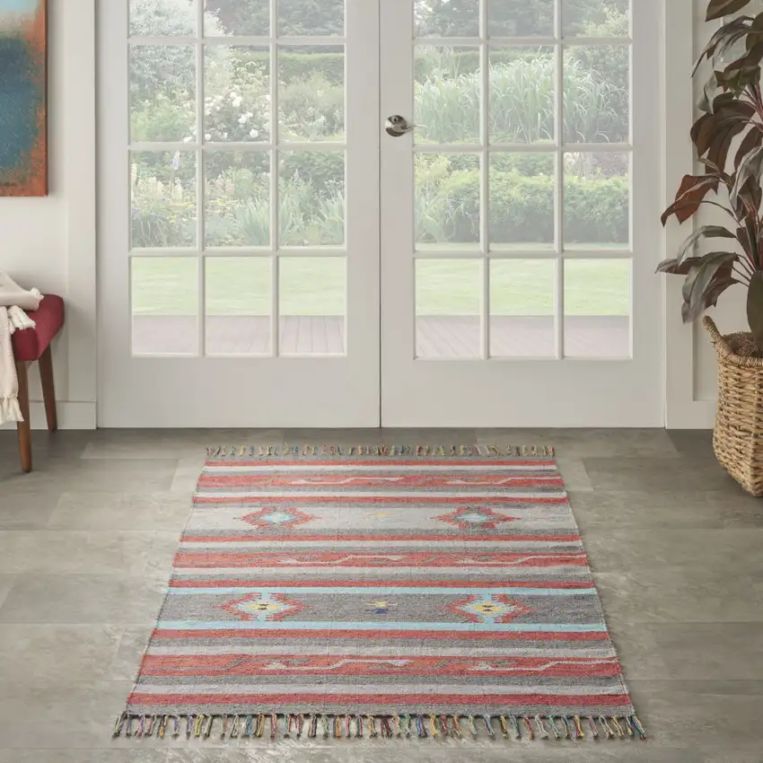 Gray and Red Southwestern Handmade Area Rug With Fringe Photo 6
