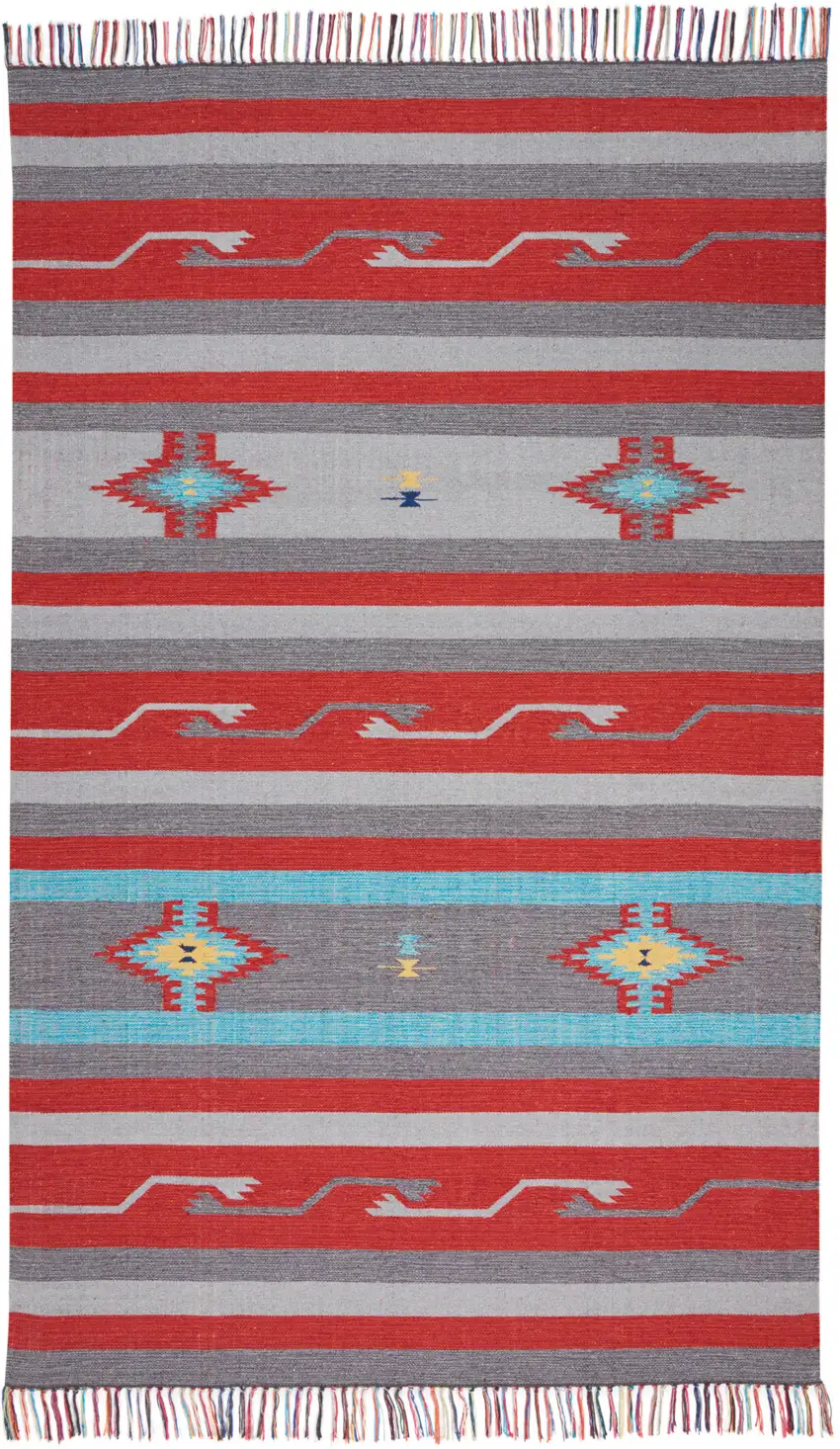 Gray and Red Southwestern Handmade Area Rug With Fringe Photo 2