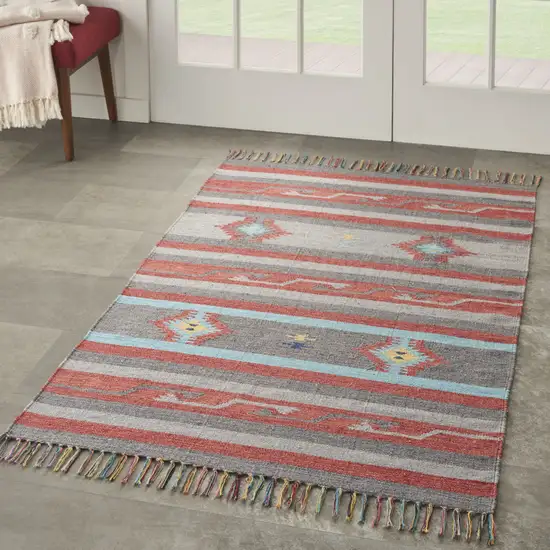 Gray and Red Southwestern Handmade Area Rug With Fringe Photo 5