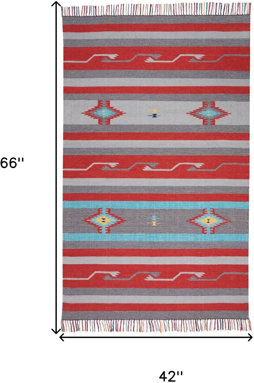 Gray and Red Southwestern Handmade Area Rug With Fringe Photo 3