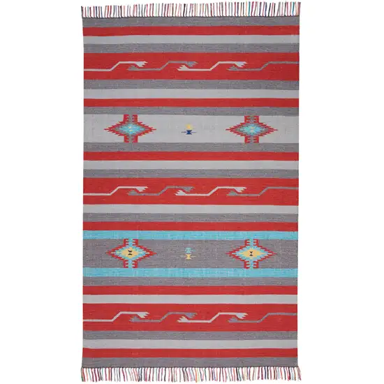 Gray and Red Southwestern Handmade Area Rug With Fringe Photo 8