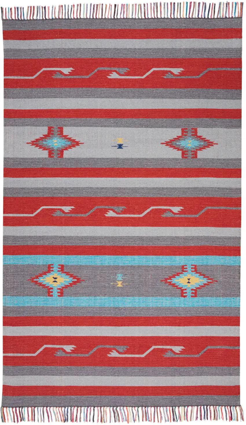 Gray and Red Southwestern Handmade Area Rug With Fringe Photo 8
