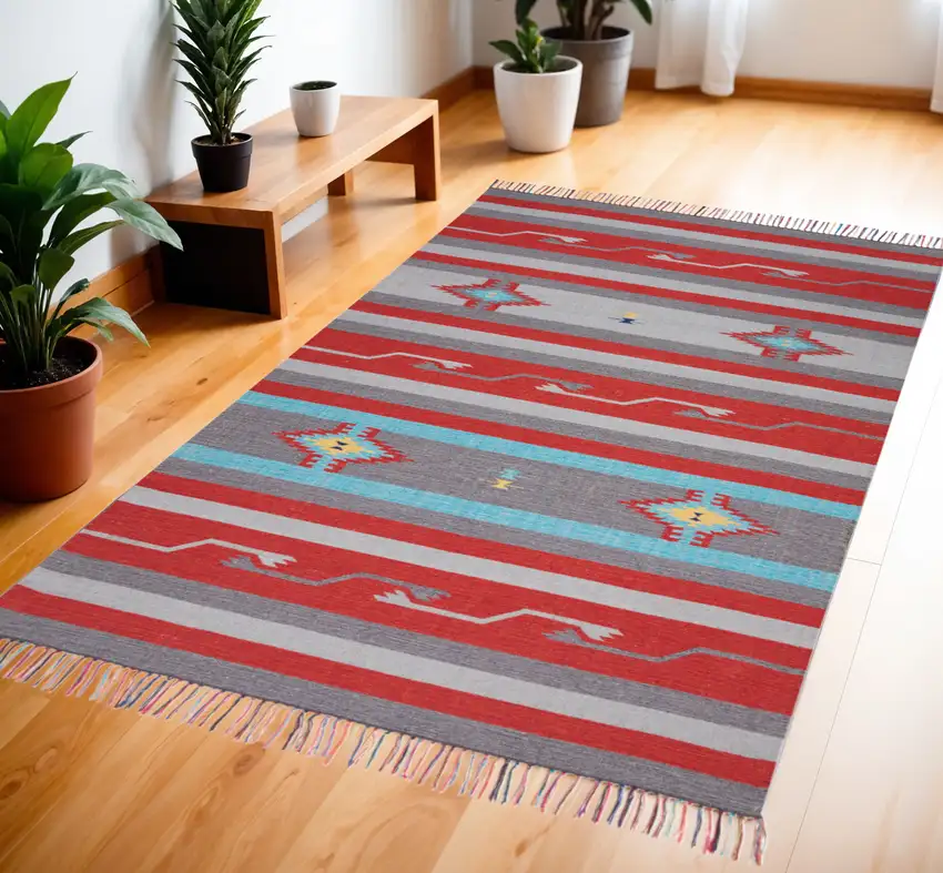 Gray and Red Southwestern Handmade Area Rug With Fringe Photo 1