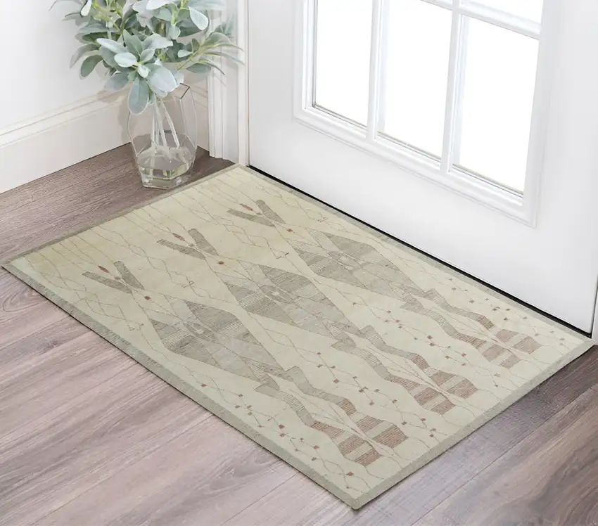 Gray and Red Wool Geometric Hand Knotted Area Rug Photo 1