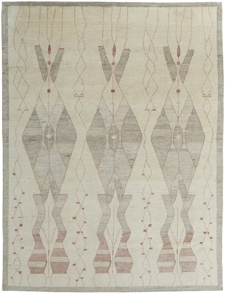 Gray and Red Wool Geometric Hand Knotted Area Rug Photo 2