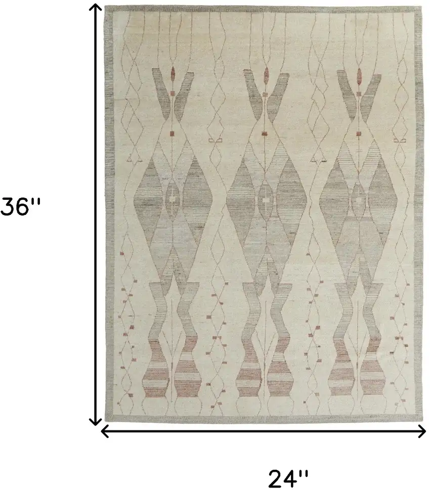 Gray and Red Wool Geometric Hand Knotted Area Rug Photo 3