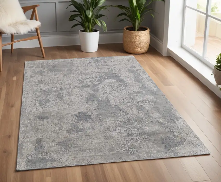 Gray and Silver Abstract Hand Woven Worn Faded Area Rug Photo 1