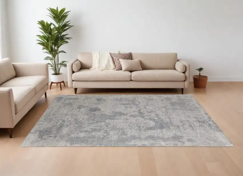 Gray and Silver Abstract Hand Woven Worn Faded Area Rug Photo 1