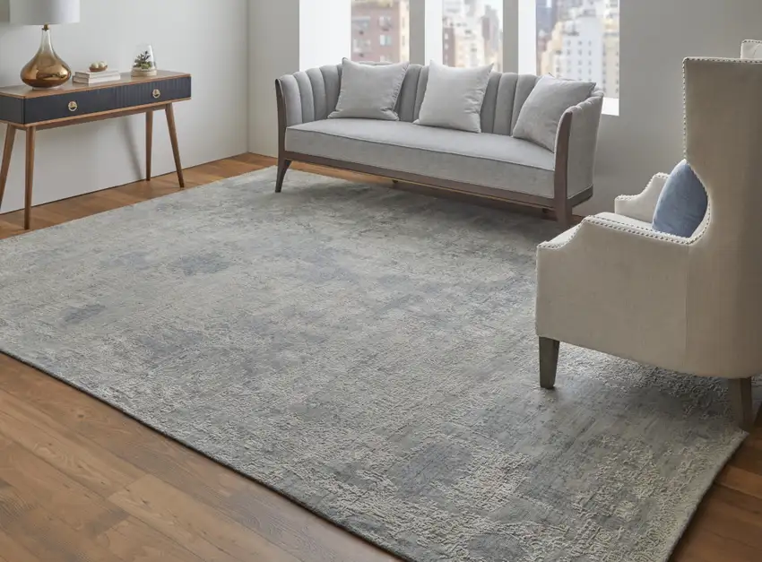 Gray and Silver Abstract Hand Woven Worn Faded Area Rug Photo 9