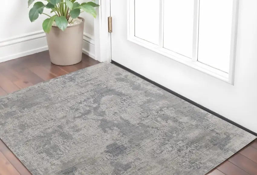Gray and Silver Abstract Hand Woven Worn Faded Area Rug Photo 1