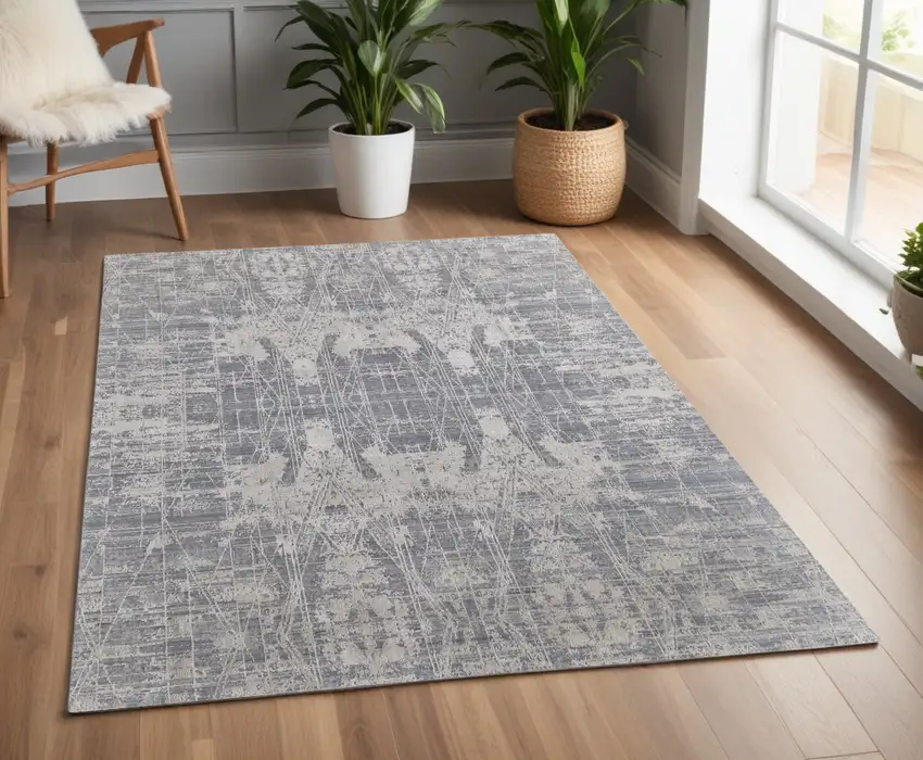 Gray and Silver Abstract Hand Woven Worn Faded Area Rug Photo 1