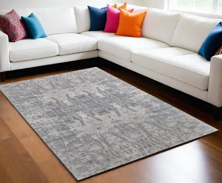 Gray and Silver Abstract Hand Woven Worn Faded Area Rug Photo 1
