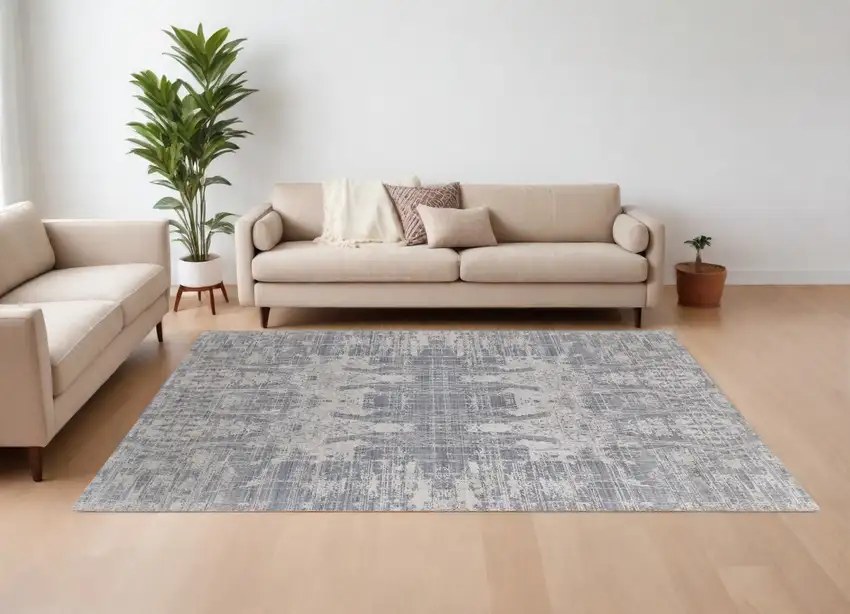 Gray and Silver Abstract Hand Woven Worn Faded Area Rug Photo 1