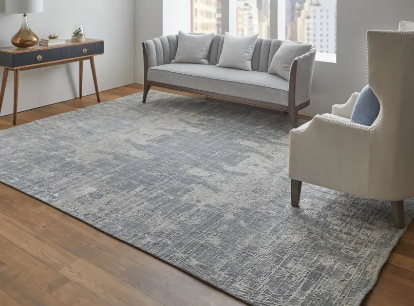 Gray and Silver Abstract Hand Woven Worn Faded Area Rug Photo 8