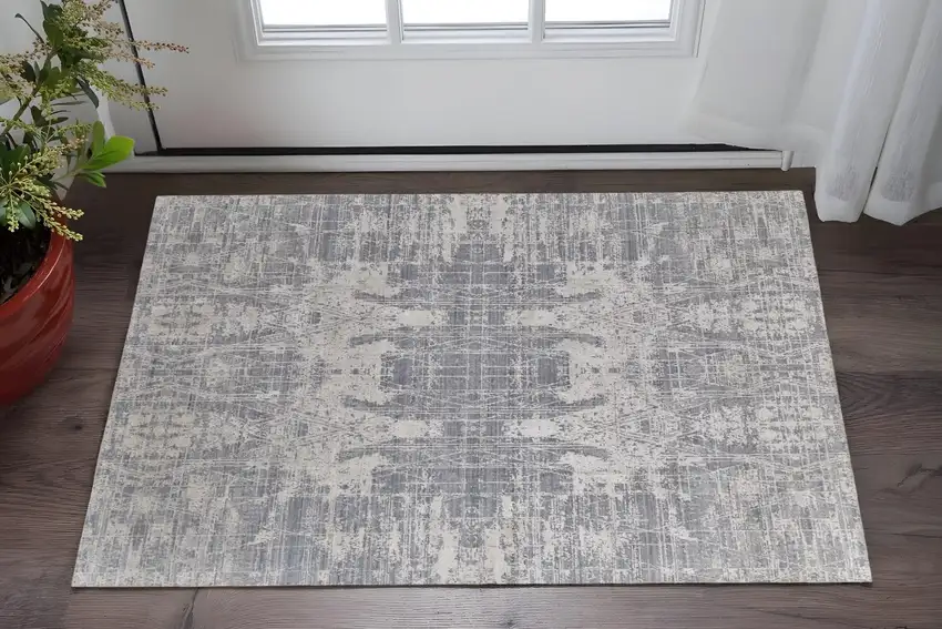 Gray and Silver Abstract Hand Woven Worn Faded Area Rug Photo 1