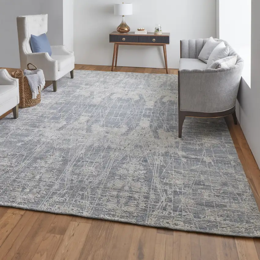 Gray and Silver Abstract Hand Woven Worn Faded Area Rug Photo 7