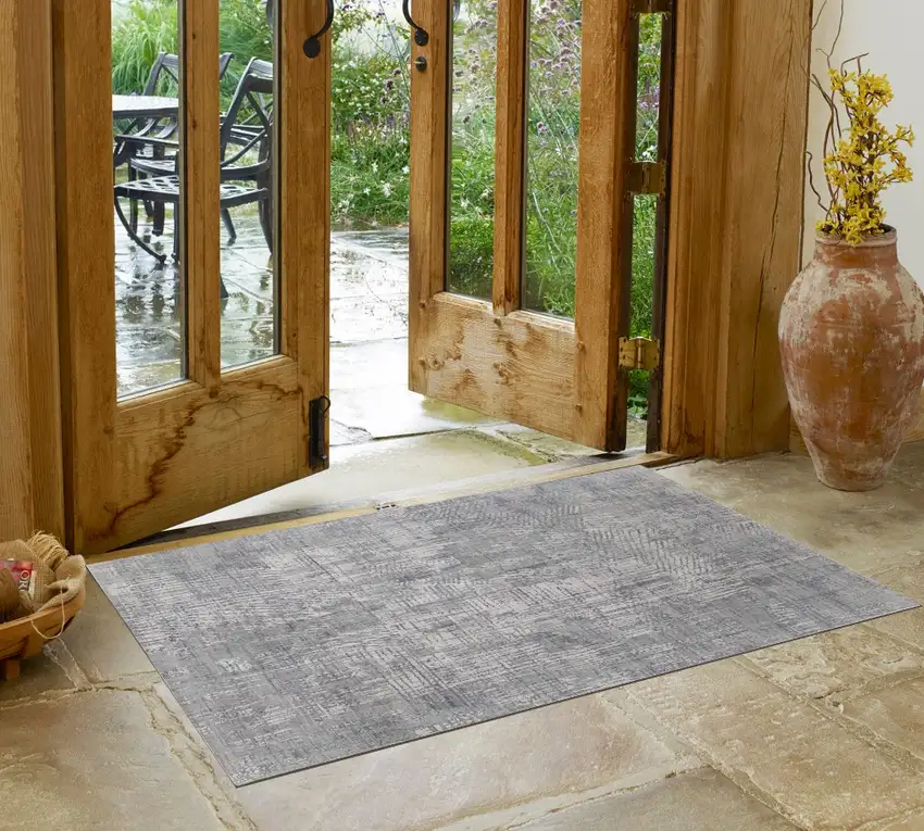 Gray and Silver Abstract Hand Woven Worn Faded Area Rug Photo 2