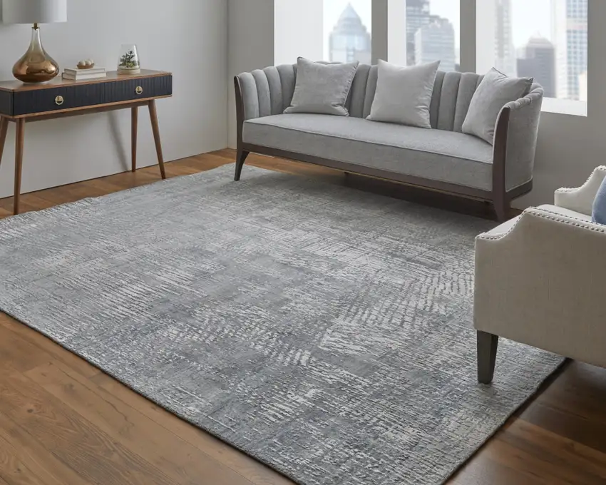 Gray and Silver Abstract Hand Woven Worn Faded Area Rug Photo 8