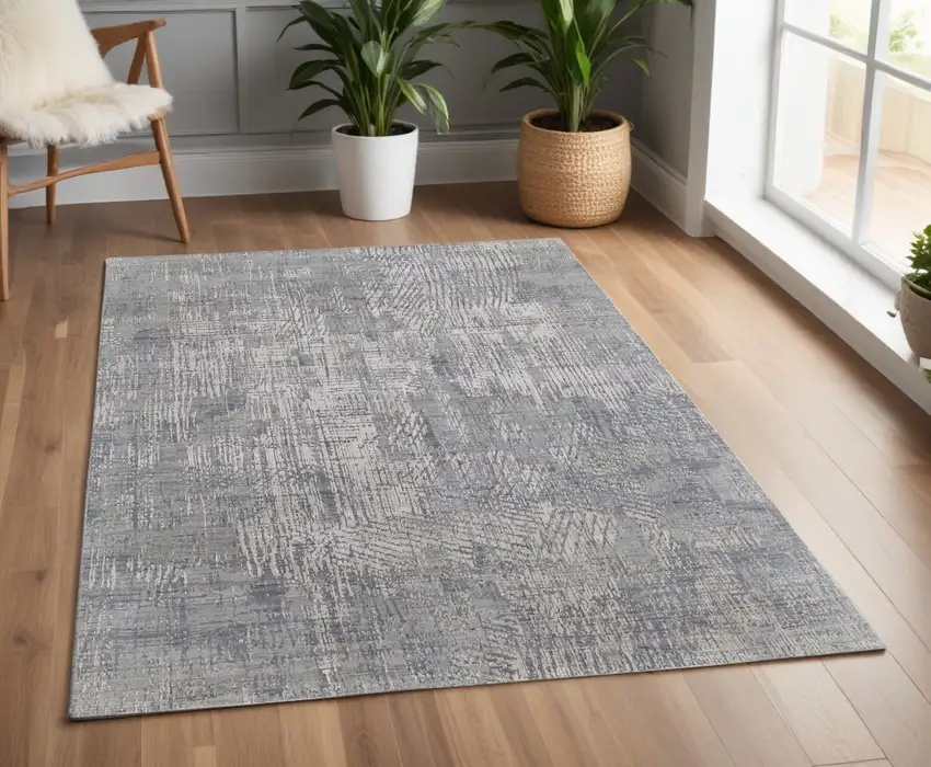 Gray and Silver Abstract Hand Woven Worn Faded Area Rug Photo 1
