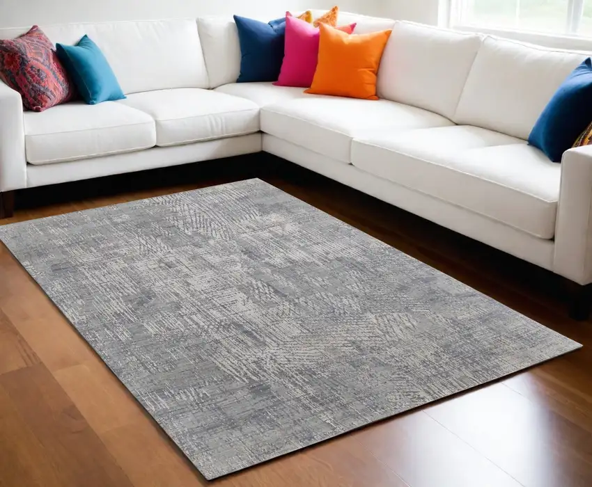 Gray and Silver Abstract Hand Woven Worn Faded Area Rug Photo 1
