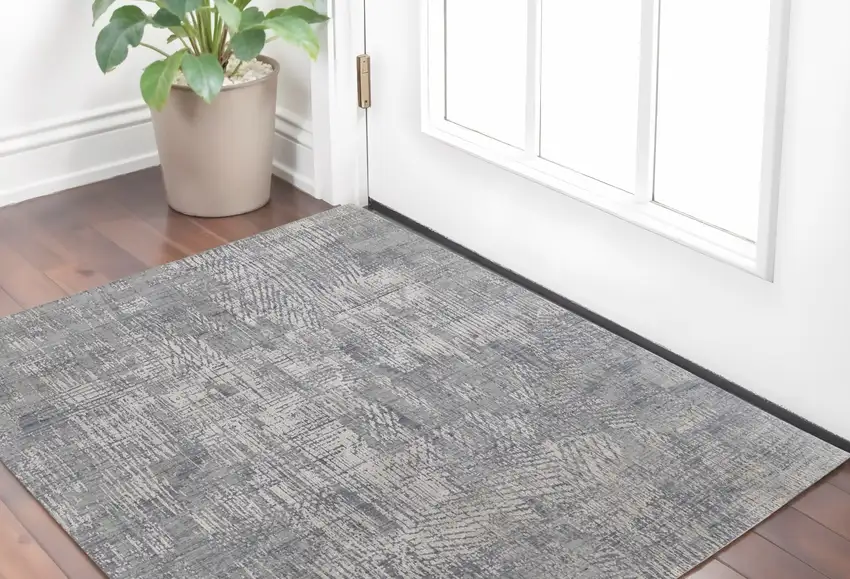 Gray and Silver Abstract Hand Woven Worn Faded Area Rug Photo 1