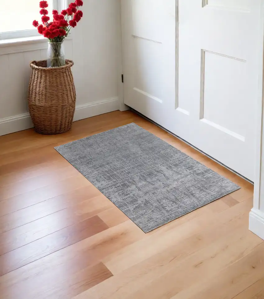 Gray and Silver Abstract Hand Woven Worn Faded Area Rug Photo 1