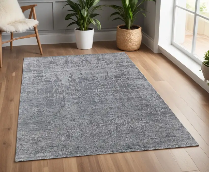 Gray and Silver Abstract Hand Woven Worn Faded Area Rug Photo 1