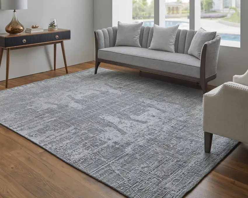 Gray and Silver Abstract Hand Woven Worn Faded Area Rug Photo 9